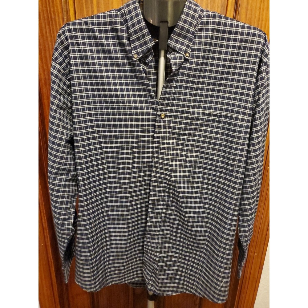Towncraft Plaid Wrinkle Free Button Down Shirt Sz Large Navy Blue White